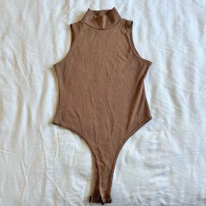 Boohoo Bodysuit Womens Top Brown Ribbed Mock Neck Long Sleeve Sleeveless Size 4